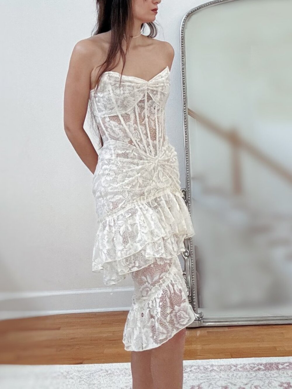 Vintage Basque Waist Sheer Lace Corset Bohemian Midi Wedding Dress